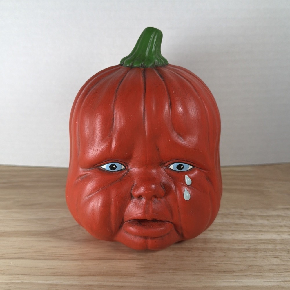 VINTAGE! Unique & Unusual Ceramic Crying Baby Pumpkin Head Orange Painted